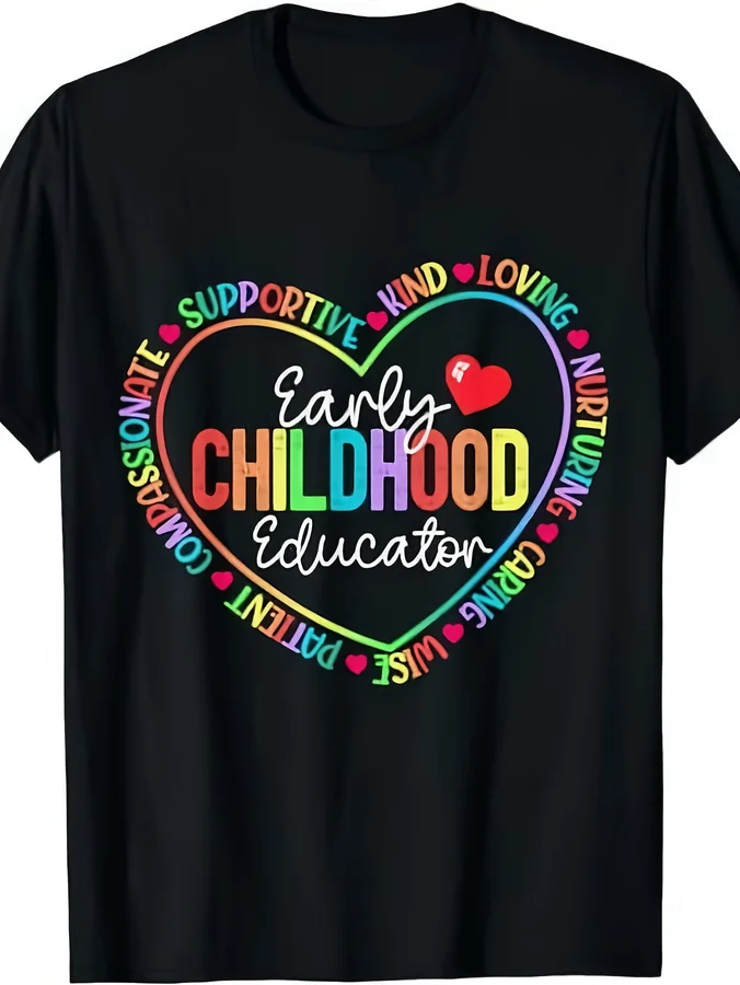 Early Childhood Educator T Shirt Women Cute Rainbow Heart Graphic Tees Preschool Kindergarten Teacher Appreciation Gift Black Crew Neck Short Sleeve Top