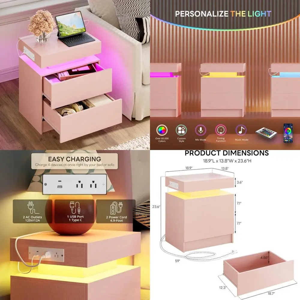 contemporary pink nightstand with led light and charging dock, drawer storage for bedrooms