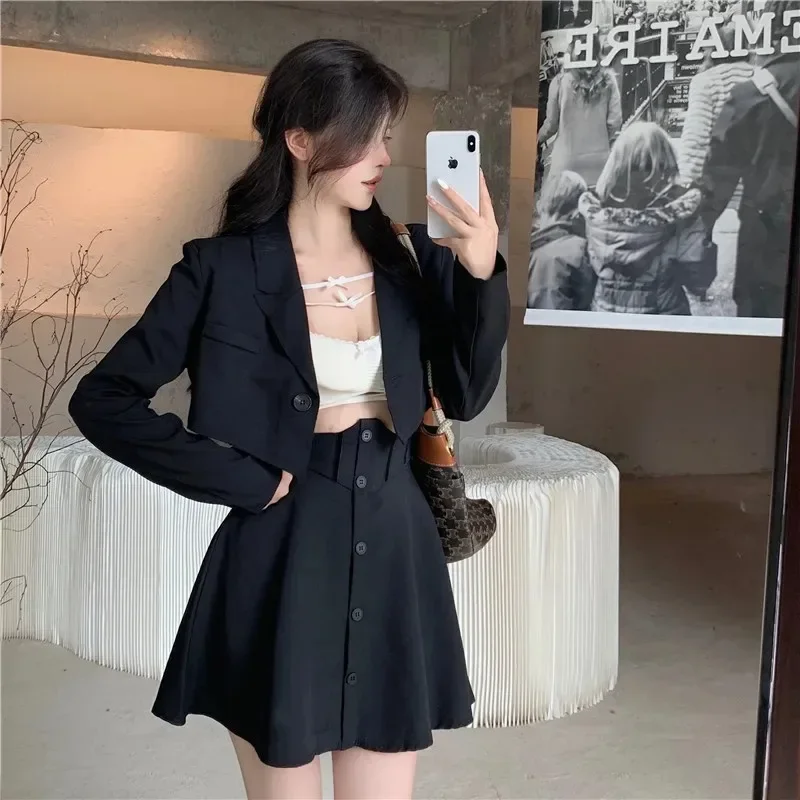 

Insozkdg Spring Autumn Retro Casual Short Suit Coat Single Breasted Half Skirt Set Black Suit + Half Skirt Two Piece Sets Women