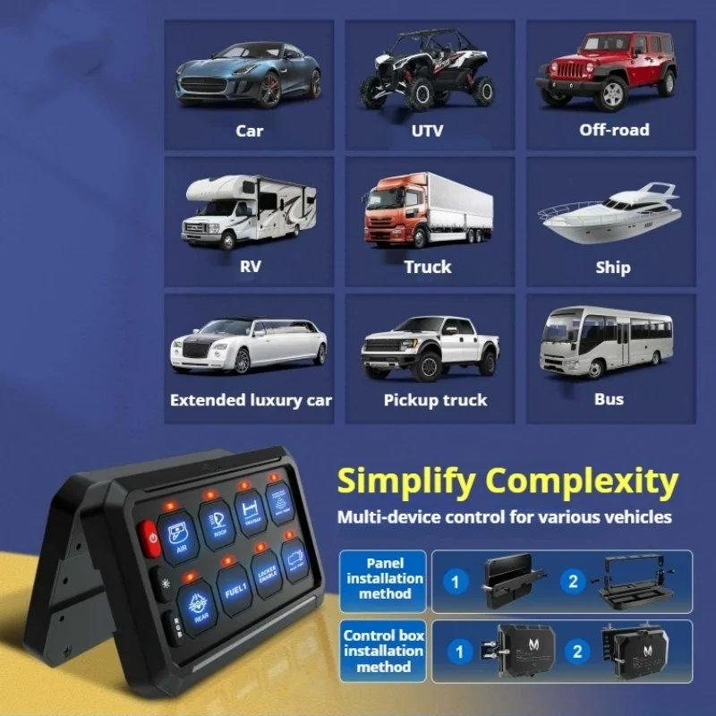 

8/12 Gang Switch Panel APP Control Up To 15m LED Spotlight Control System Car Modification Colors Adjustable Brightness 12-24V