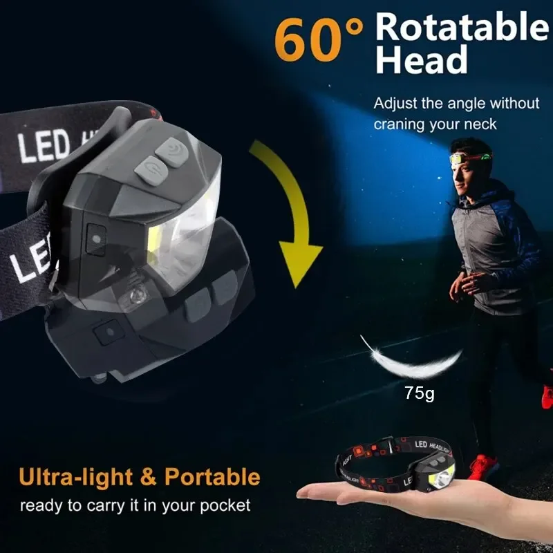 1200LM 8 Mode Motion Sensor Bright LED Rechargeable Waterproof Headlamp with White Red Light for Outdoor Camping Running Cycling