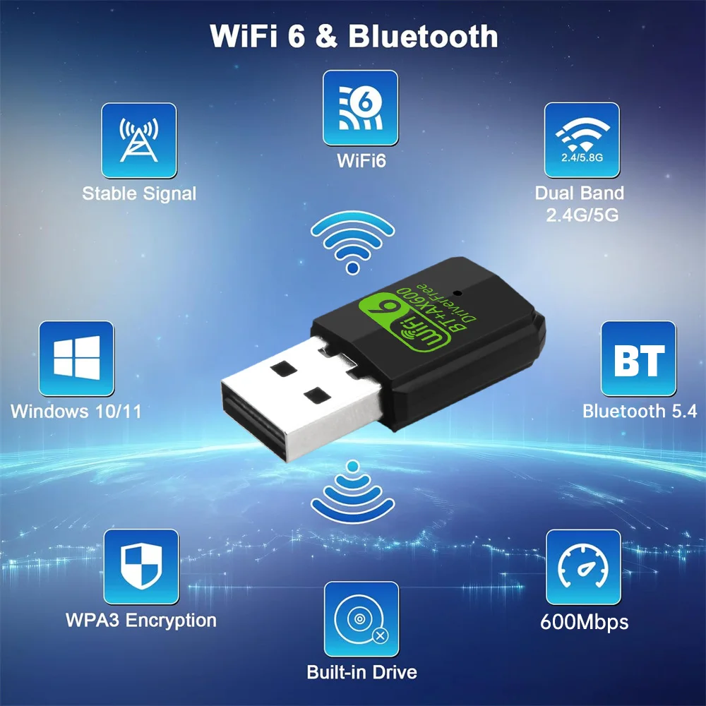 Adaptador wi-fi usb 6 ax600 bt5.4, banda dupla 2.4g/5ghz 802.11ax, antena embutida, placa de rede sem fio, driver grátis para win10/11