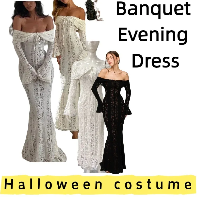 

Европейско-американское женское кружевное платье с высокой талией и шлейфом, длинная юбка для официальных мероприятий, свадеб, банкетов, вечеринок и торжеств