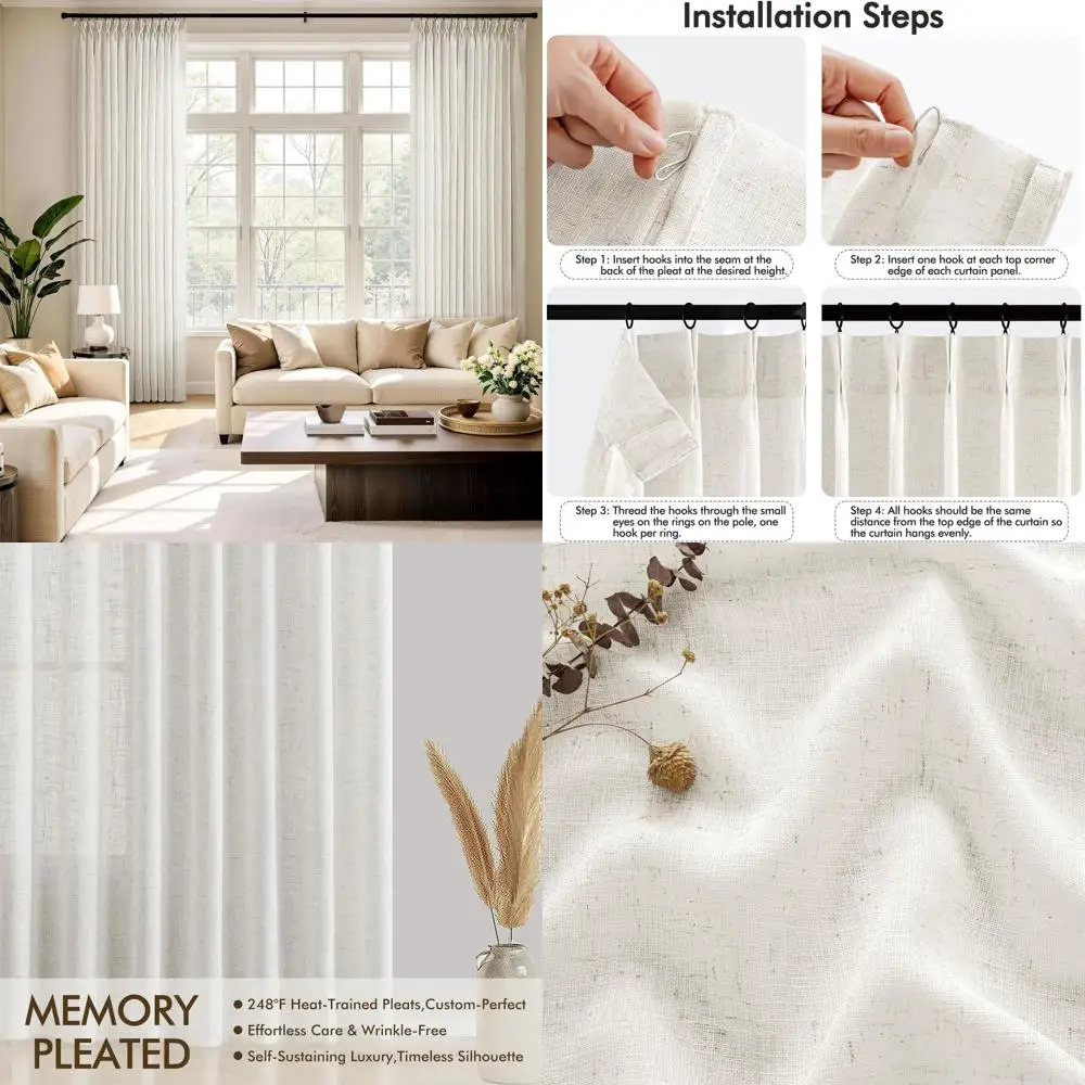 

Натуральные льняные шторы длиной 108 дюймов, комплект из 2 панелей для дома, мягкая льняная текстура, крючки на задней стороне, светопропускающие, кремового цвета