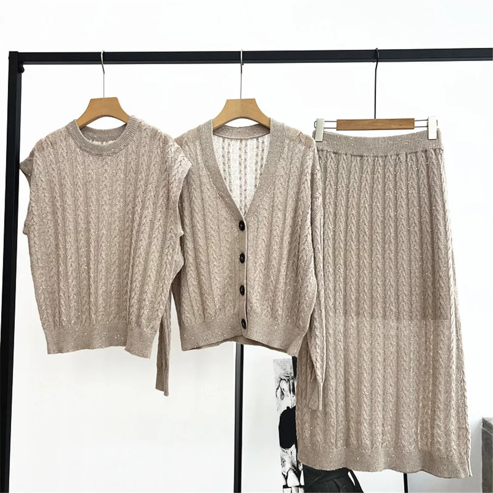 

25 Early Autumn New Women's Sequined Round Neck Sleeveless Vest+V-Neck Button Up Long Sleeved Cardigan+High Waisted Skirt Set
