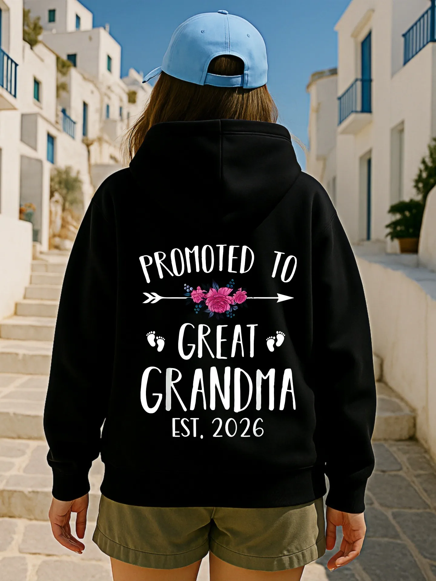 Grafik-Kapuzenpullover für Damen, „Promoted to Great Grandma“-Druck, lässiges ästhetisches Blumenmuster, Fleece, lässige Alltagskleidung, für Damen