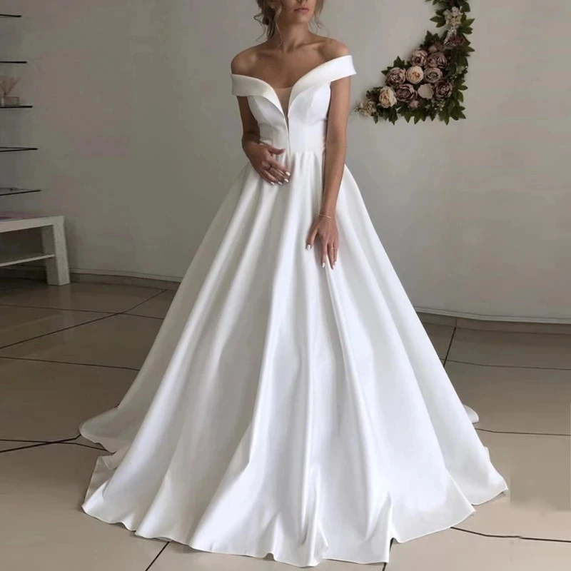 Customized Ball Gown Wedding Dresses Vestido De Noiva Sexy Off-Shoulder Court Train Simple Design Satin Formal Bride Dress