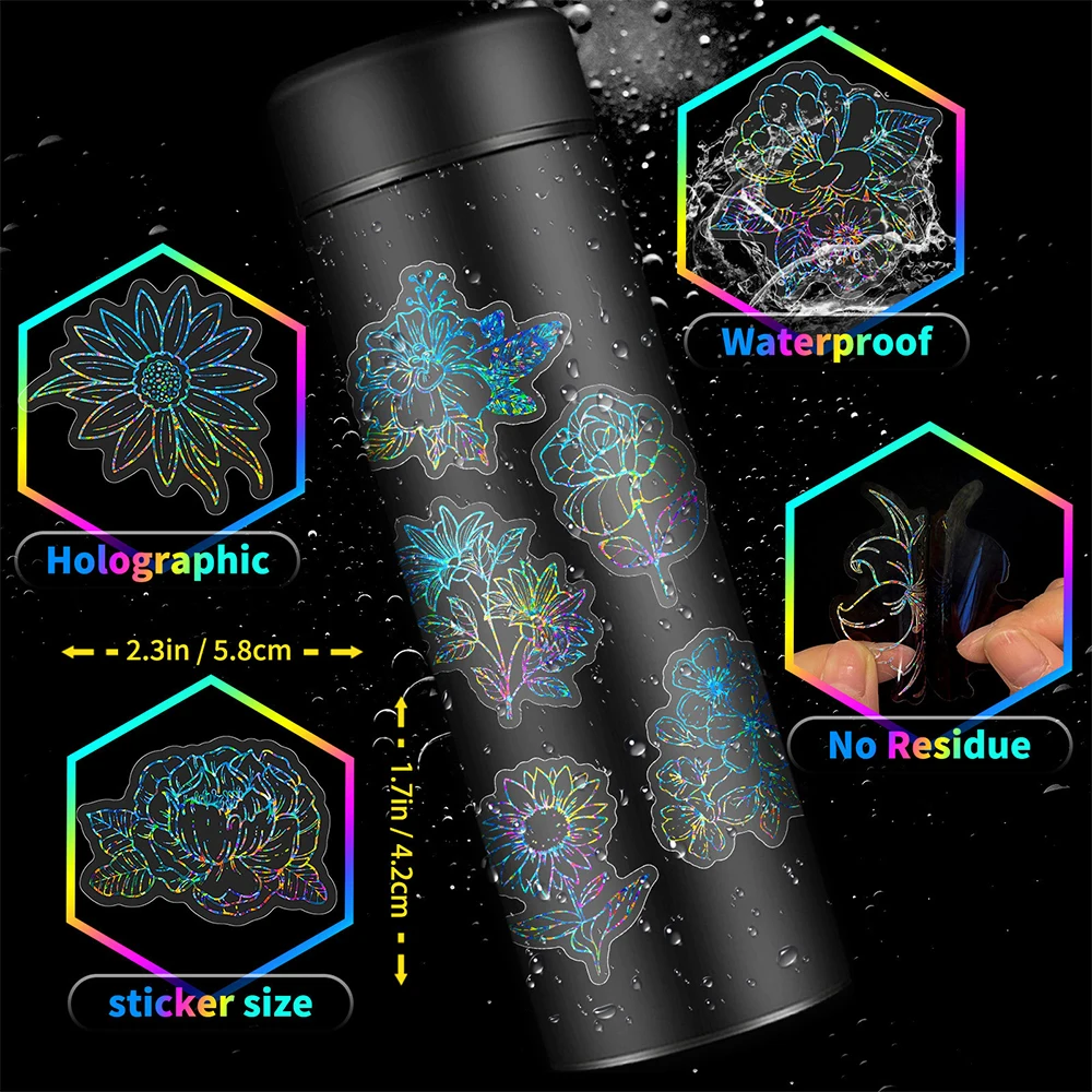 10/30/50pcs Holographic Laser Flowers Cartoon Stickers Aesthetic Decals for Kids Toys DIY Stationery Phone Notebook Cute Sticker