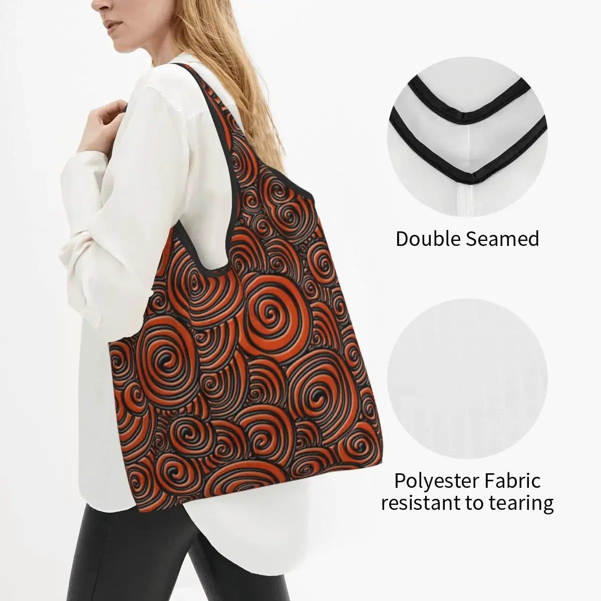 Embossed Doodle Swirl On Orange Leather Groceries Tote Shopping Bag Vintage Floral Textures Shopper Shoulder Bag Handbag