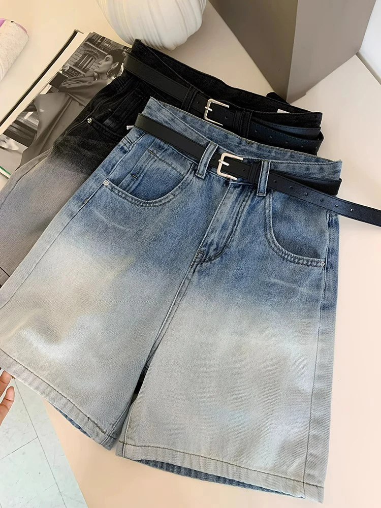 Retro Gradient Color Five Point Jeans For Women 2024 New Chic High Waisted Straight Denim Shorts Summer Korean Blue Half Pants