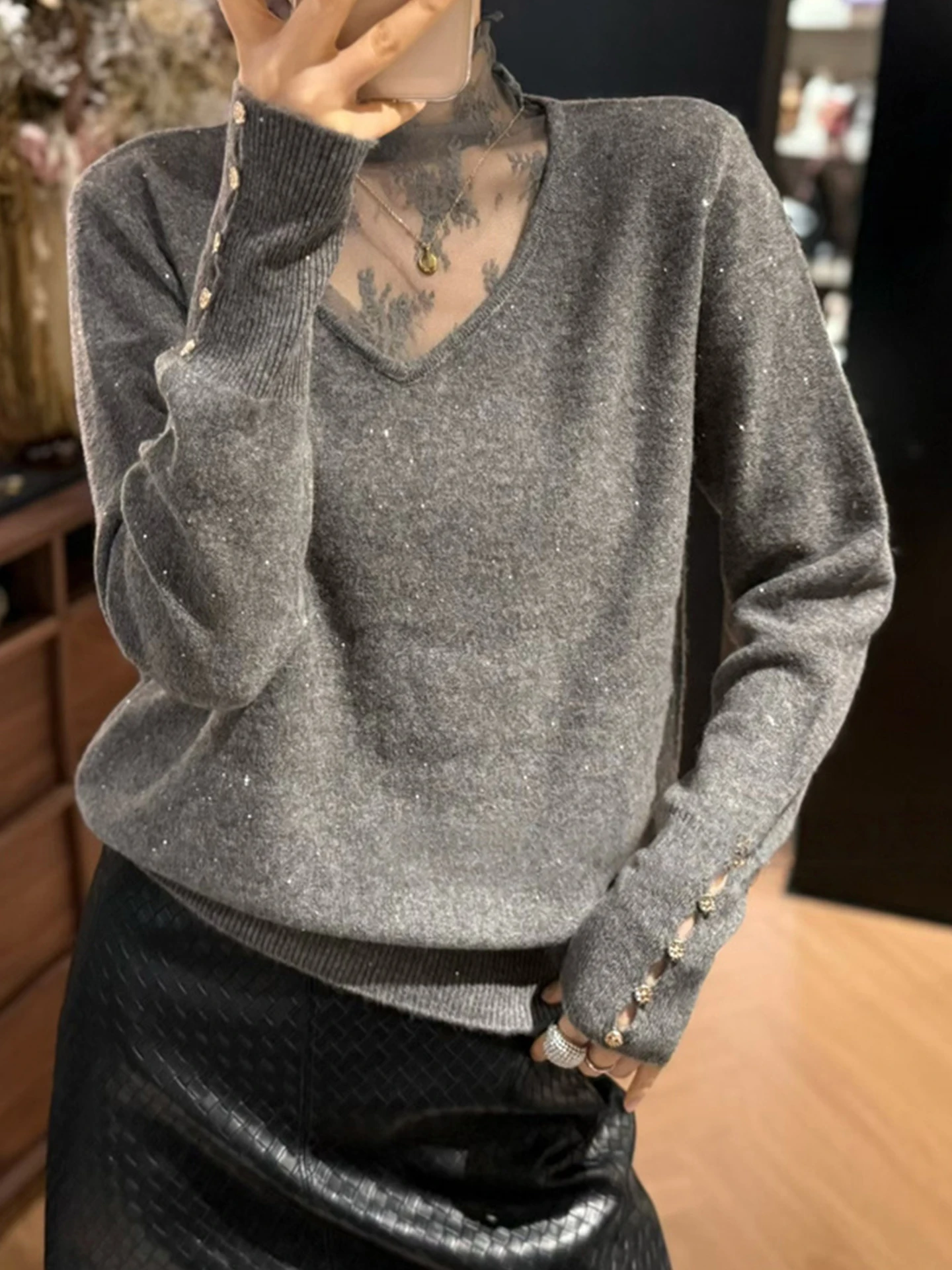 Automne hiver longue Sve dentelle brodée épissure tricoté Base irt Faionable haut amincissant coréen Sle coupe droite