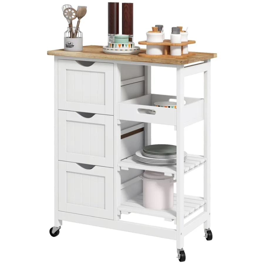 

HOMCOM Dining Rolling Kitchen Island White with Wood Top Shelves Drawers
