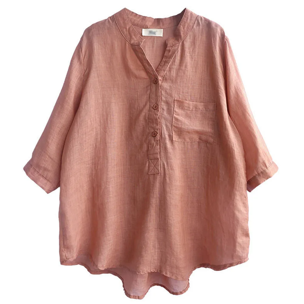 Women Summer Casual Cotton and Linen Stand Collar Shirt  Loose Mid-length Sleeve Shirt