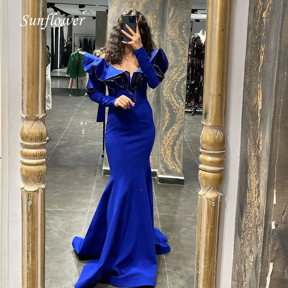 

Sunflower O-Neck Ruffles Prom Gowns Floor-Length Mermaid Evening Dress Backless Long Sleeve Party Dress 2023 High-end Custom