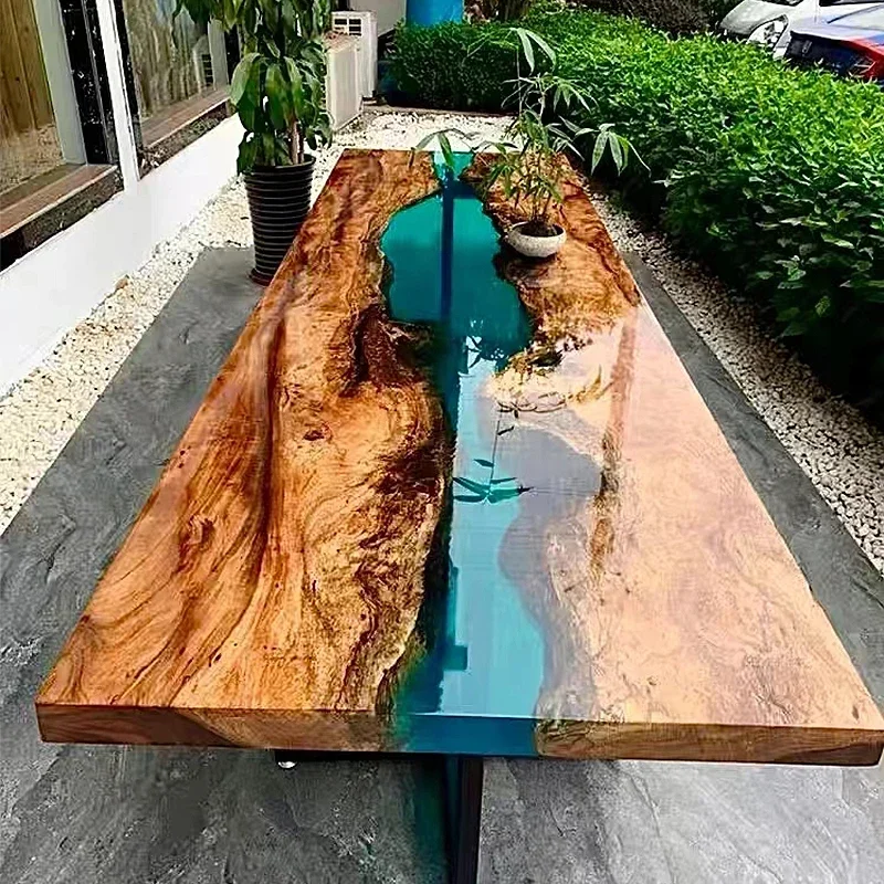 Custom epoxy resin art design river wooden tea table log solid wood large board black sandalwood walnut