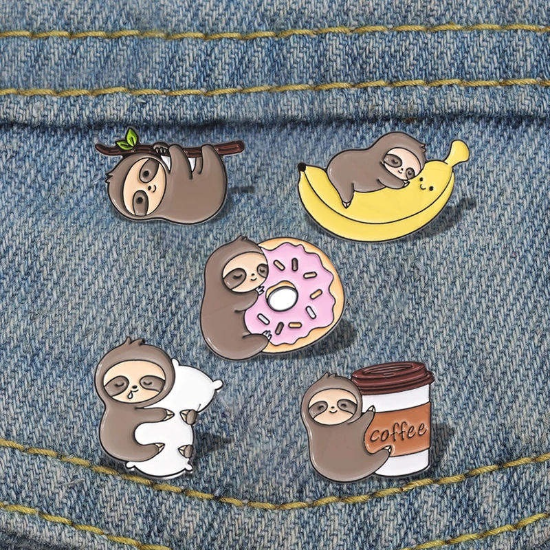 Donut Banana Pillow Pines Lapel Badges Cartoon Animal Jewelry Gift for Kids Friends Lazy Sloth Enamel  Brooch Custom Coffee