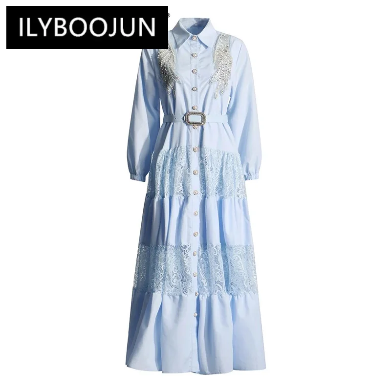 

ILYBOOJUN Solid Elegant Patchwork Diamonds Dress For Women Lapel Long Sleeve High Waist Spliced Pearls Chic Dresses Female