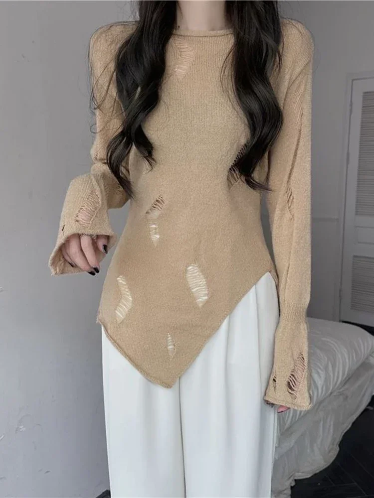 Ropa de calle, suéter de punto con agujeros para mujer, jerséis sexis de manga larga calados, Tops Retro americanos irregulares para mujer, Tops ajustados de otoño