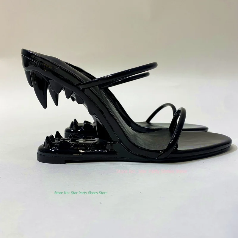 High Quality Woman Slip On Sandals Shark Teeth Strange High Heel Female Green Black Rose Red GoldDance Slipper Shoes