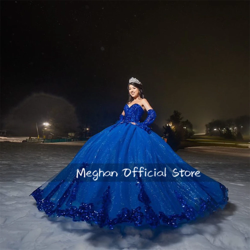 Vestidos de quinceañera con escote en forma de corazón azul real de México, vestido de baile con cuentas y lentejuelas, vestido de princesa, vestido de fiesta de cumpleaños, media manga personalizado