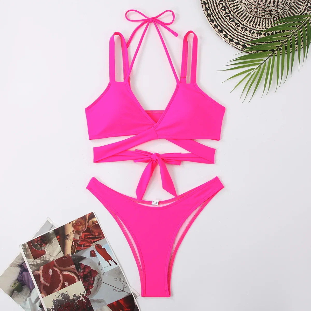 Women Strap Ties Bikini Set 2024 Female Solid Sexy Swimsuit 2 Pieces Sexy Swimwear Beach Outfits Damen Bathing Suit Push Up