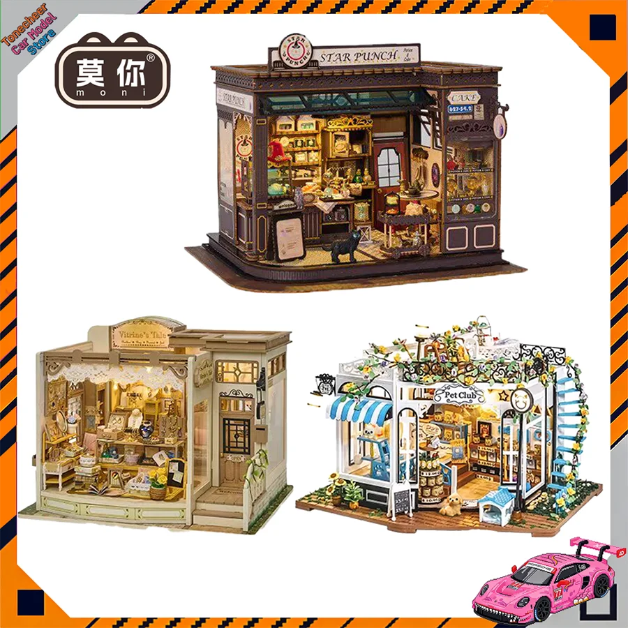 

Knowme Moni Microworld Magic Coffee Shop Vitrine's Tale Assembled Induction Bookend Wooden Building Blocks Handmade Cabin Model