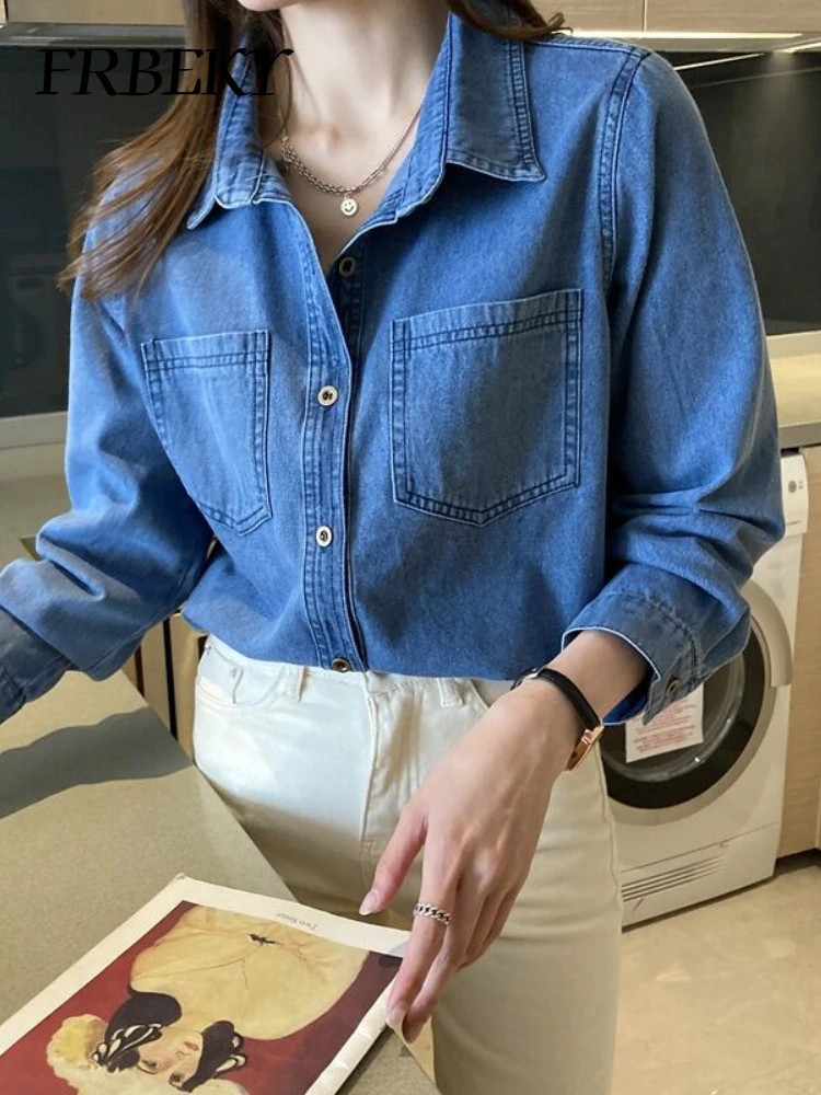 Casual Shirts & Blouses Autumn New Vintage Blue Shirt Korean Fashion Denim Shirt Loose Women Clothing Long Sleeve Pockets Blusas