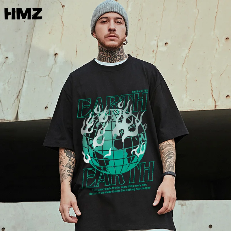 

HMZ Men Hip Hop Tee Oversize T Shirt Earth Print Tshirt 2022 Harajuku Cotton Loose Short Sleeve T-Shirt Summer Shirt Top Tee Men