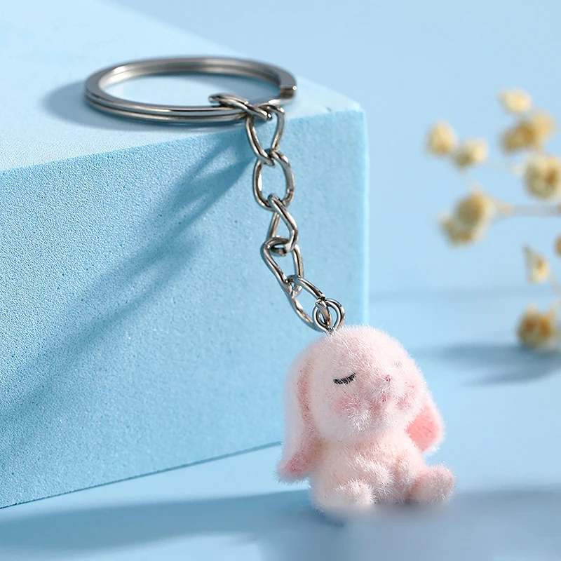 Cute 3D Flocking Rabbit Keychain Pendant Cartoon Animal Y2K Couple Cell Phone Pendant Keychain Backpack Charm Accessory Gift