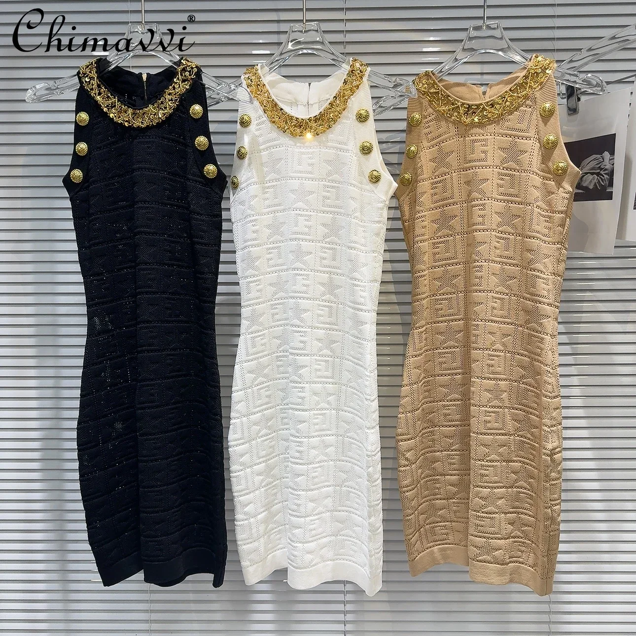 

Summer New Women's Gold Bead Collar Waist Slim Elastic Knitted Dress Female Sexy Sleeveless Temperament Above Knee Dresses