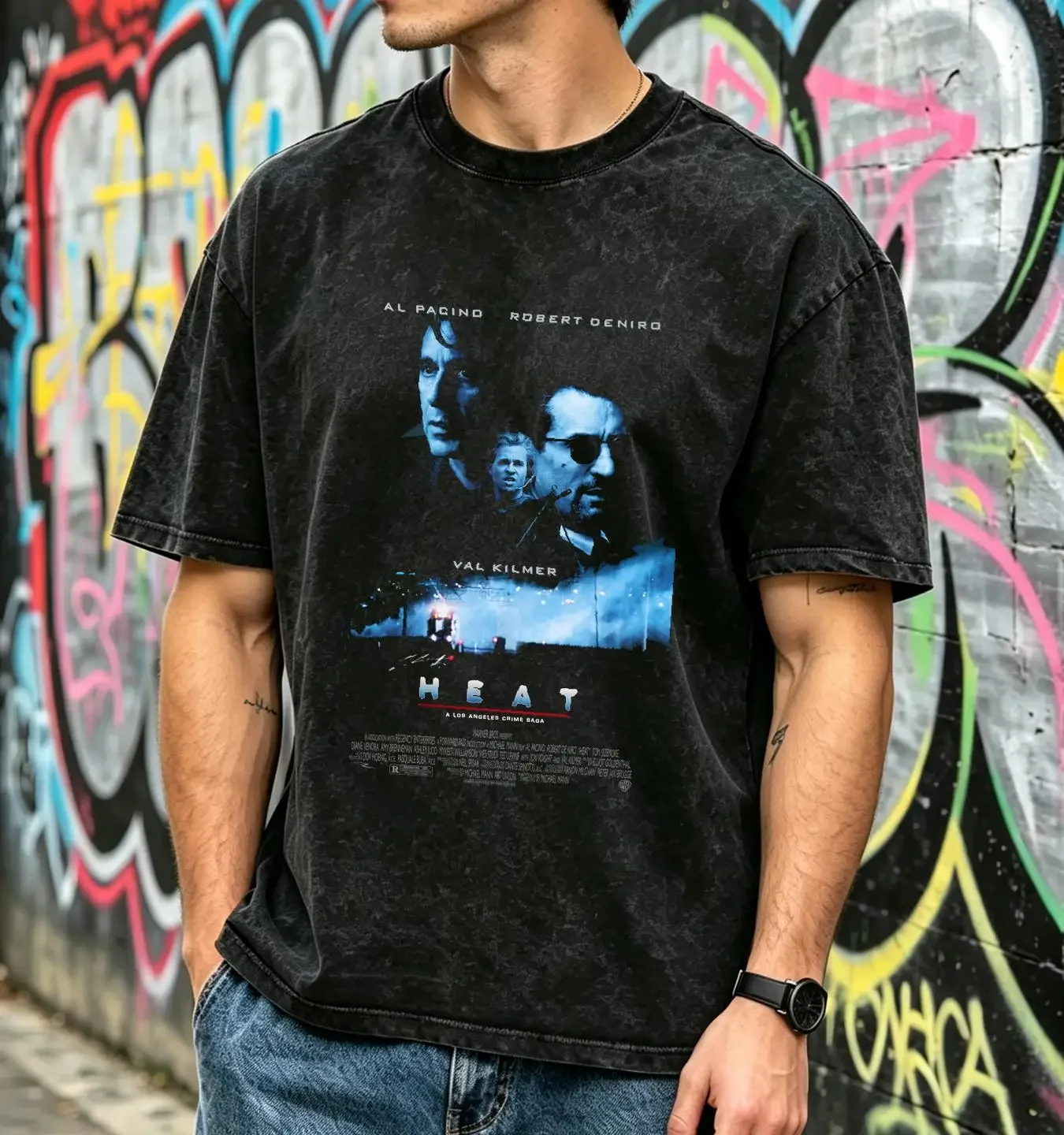 washed T Shirt Cult Classic Movie Heat Al Pacino Robert De Niro Poster Black vintage Washed Stretched Soft homme Casual