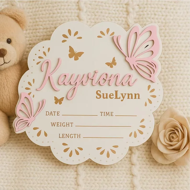 1pc Baby Announcement Birth Sign With Butterfly, Personalized Wooden Newborn Name Sign, Custom Birth Stats Plaque