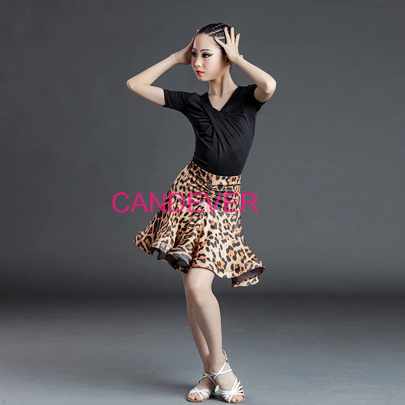 مثير اللاتينية ملابس رقص للفتيات قاعة الرقص السالسا التانغو أعلى التنانير الاطفال الطفل الدانتيل ليوبارد اللاتينية الرقص سبليت فستان يوتار تنورة