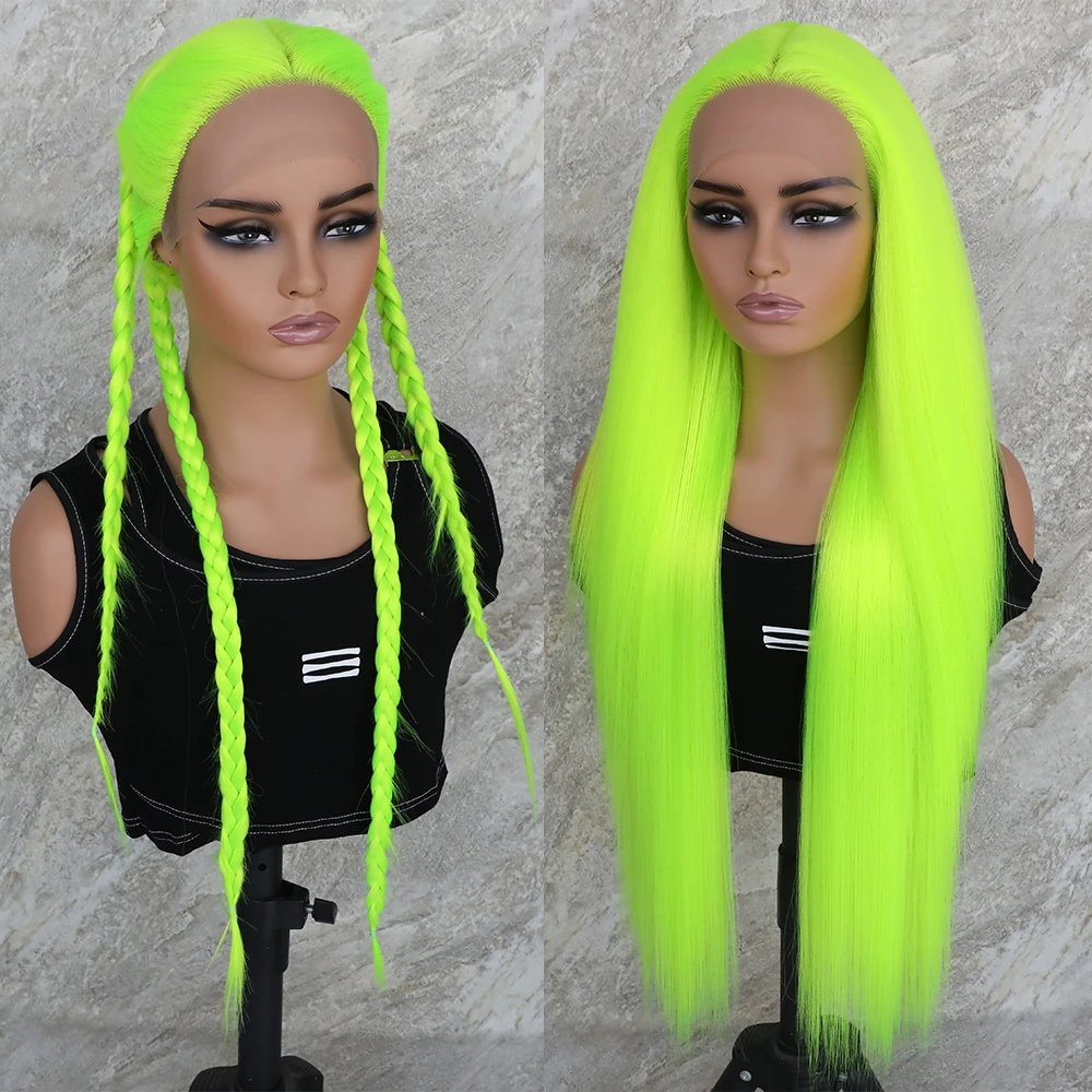 Apolaurel Synthetic Fluorescent Green T Lace Front Wigs Long Straight Hair Bright Yellow Neon Green Wig Synthetic Lace Front Wig