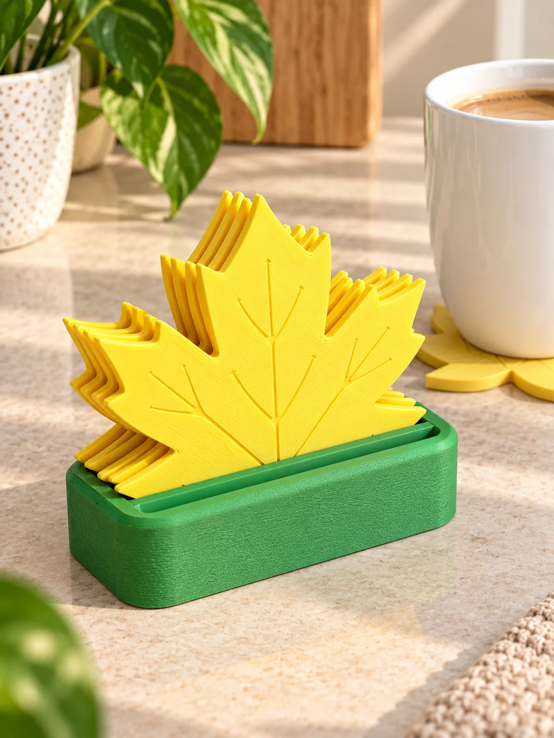 5-Piece Thanksgiving Harvest Theme Maple Leaf Coaster Set, 3D Printed Pla Material with Storage Base, Autumn Leaf Coasters, Yellow Autumn Atmosphere Creative Maple Leaf Design, Rustic Farmhouse Style Home Decor, Tabletop Decoration, Non-Slip, Heat Insulation, Waterproof, Table Protector, Anti-Scalding, Reusable, Easy to Clean, Suitable for Tea Cups, Red Wine Glasses, Mugs, Various Cups, Coffee Tables, Office Desks, Restaurants, Multi-Scene Use, Autumn Party Seasonal Accessories