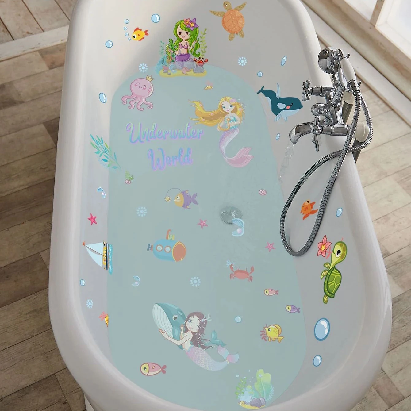 6 sheets Mermaid Sea Underwater World Cartoon Figure & Animal Print Non-Slip Bathtub Stickers - Anti-Slip PVC Bathtub Appliques