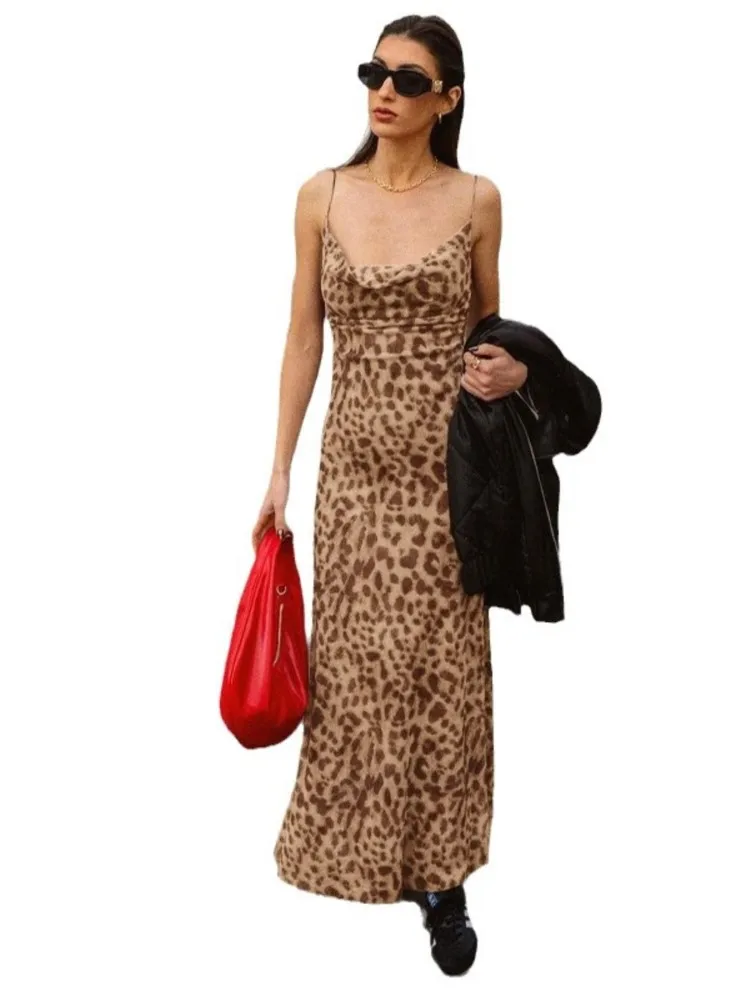 Summer Women's Sexy Vintage Leopard Print Tulle Long Dress Fashion Backless Slip Vestidos Female Elegant Slim Party Maxi Dresses