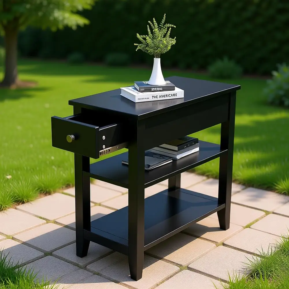 

Compact 3-Tier Black End Table for Living Room with Drawer and Shelf