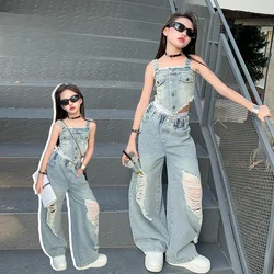 Girls Suits 2024 Summer Vintage Denim Suit Harbor Flavor Halter Vest Ripped Wide-leg Pants Two-piece Set Kids Simple Casual