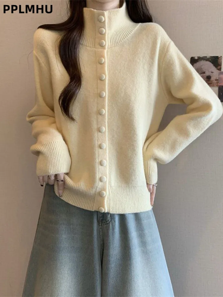 

Lapel Button Fashion Knitted Tops Cardigan Korean Casual Women's Sweater Soft Baggy New Fall Winter Knitwear Poleras Sueter