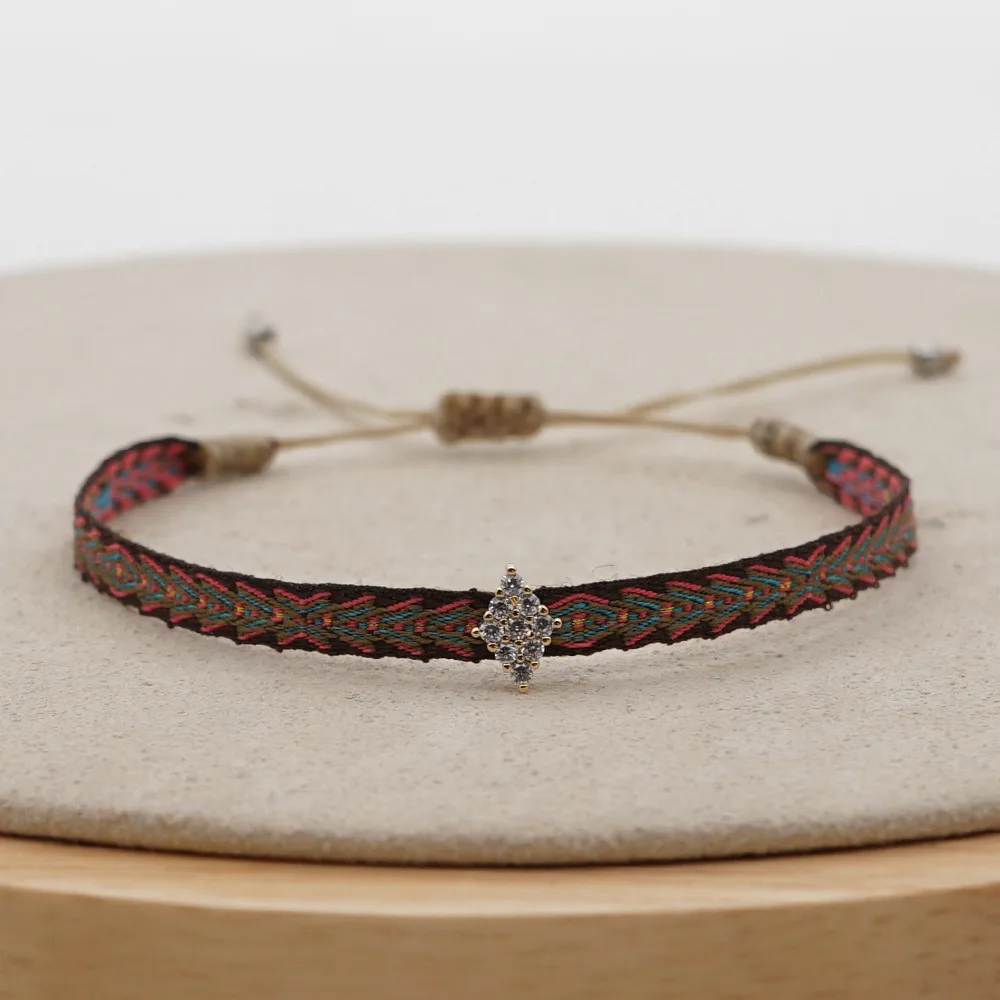 Handmade Cloth Fabric Bracelet, Braided Design & CZ Heart