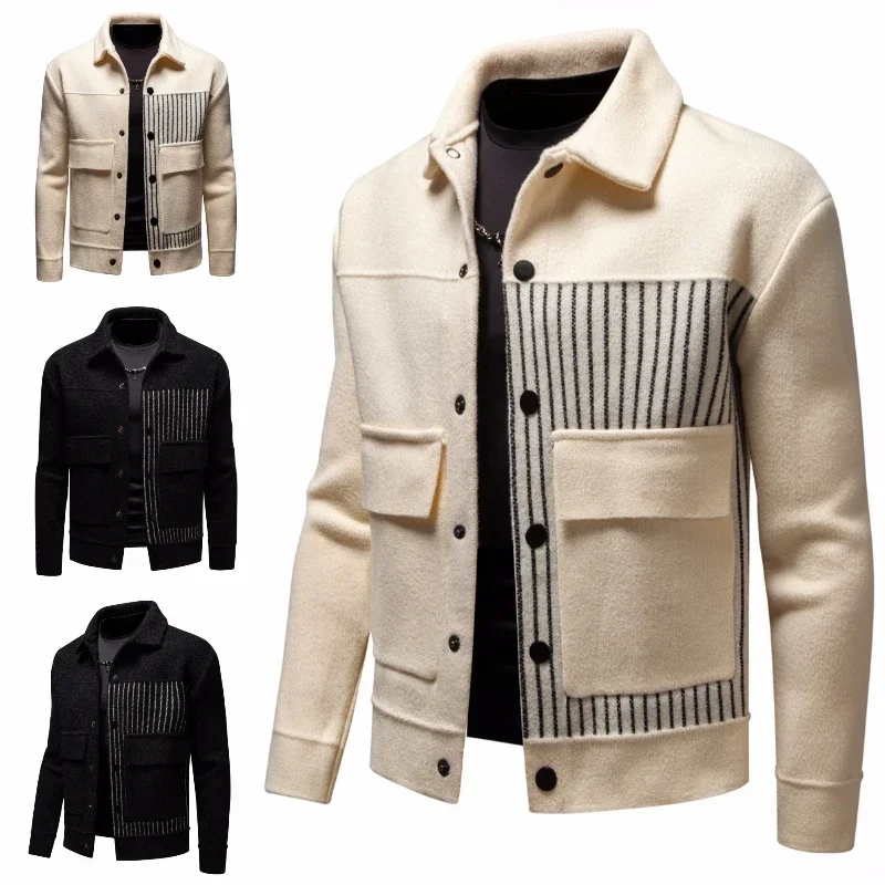 Men's Casual Lapel Coat Autumn Winter Comfortable Fabric Single Row Button Vertical Stripe with Pocket Jacket