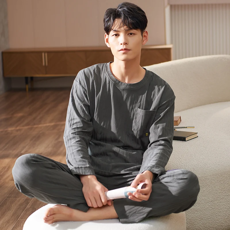 

Men Jacquard Pajamas Set Stretch Cotton Male Long-sleeved Autumn Winter Pyjamas Loose Men Home Set Solid Sleepwear Tops + Pants