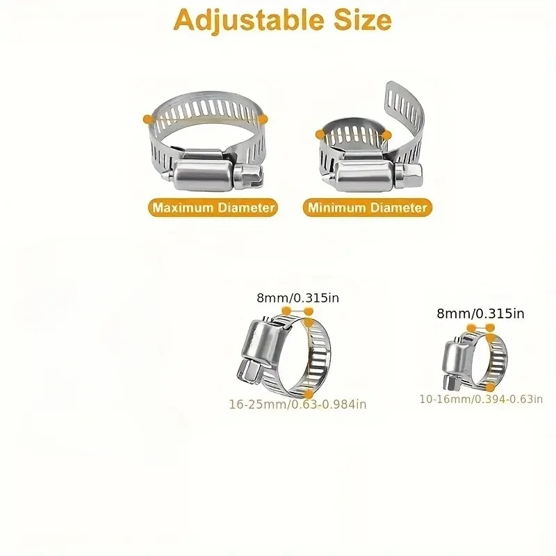 10pcs Hose Clips 16-25mm Stainless Steel Worm Drive Pipe Clamp, Anti-Rust Tube Fastener for Car, Garden & Industrial Hose Connec