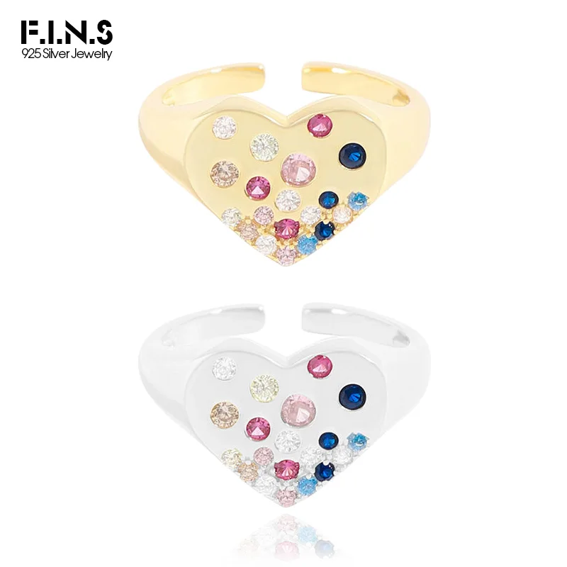 

F.I.N.S Korean Style Woman S925 Sterling Silver Love Heart Ring Colored Cubic Zirconia Index Mid Finger Fine Jewelry Accessories