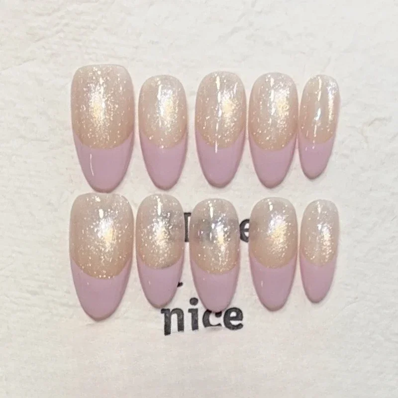 10Pcs Handmade Press on Nails Full Cover Glitter Light Bulb Cat Eye Square French Ballerina Almond False Nails Wearable Manicure