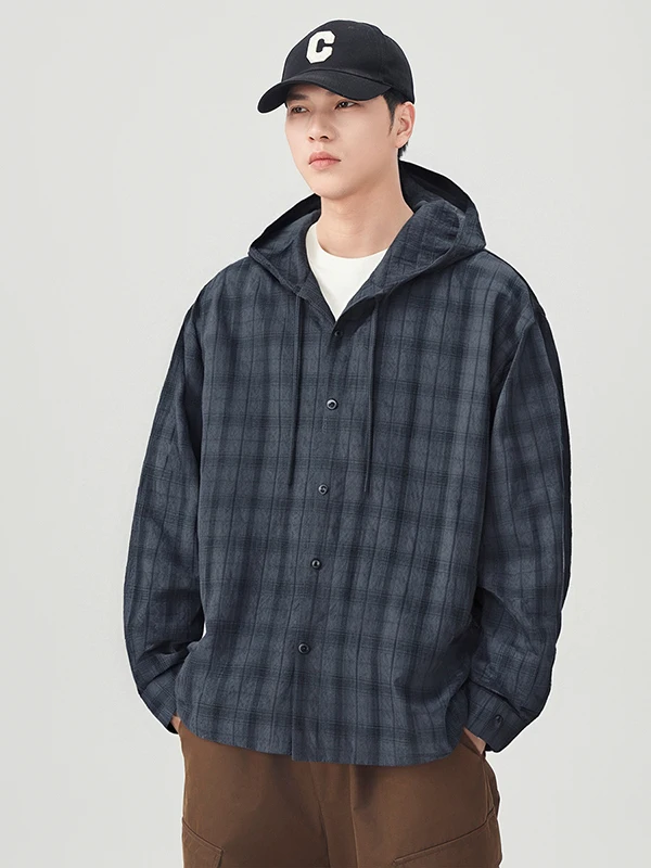 

Ретро-куртка в американском стиле в клетку для мужчин, повседневная, с капюшоном, универсальная, для пар, верхняя одежда из полиэстера и хлопка.