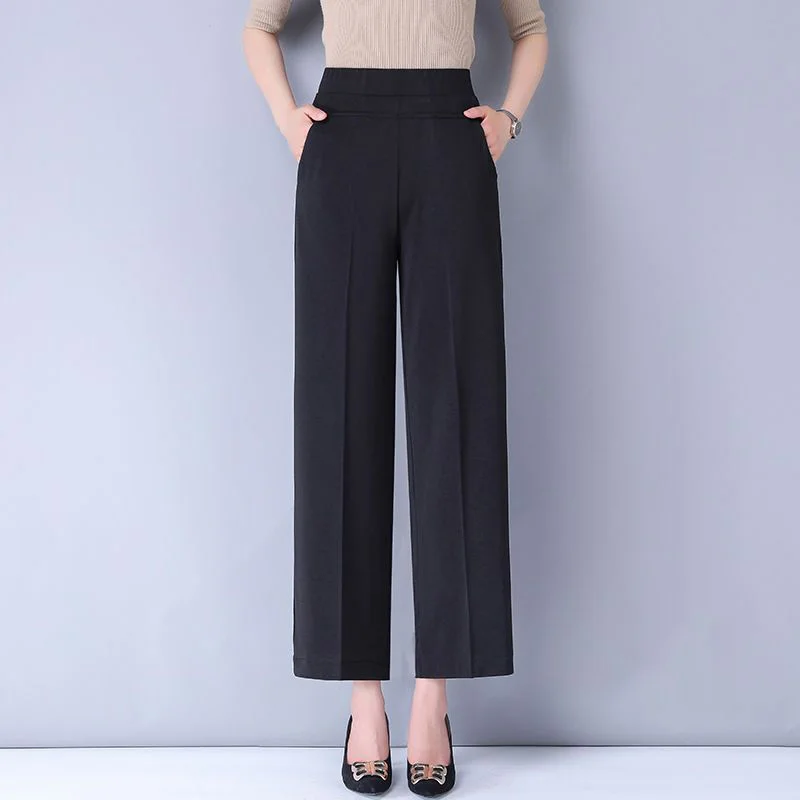Ice Shreds Elastic High Waist Solid Color Casual Wide Leg Trousers Summer Womens Fashionable Pockets Loose Nine Points Pants