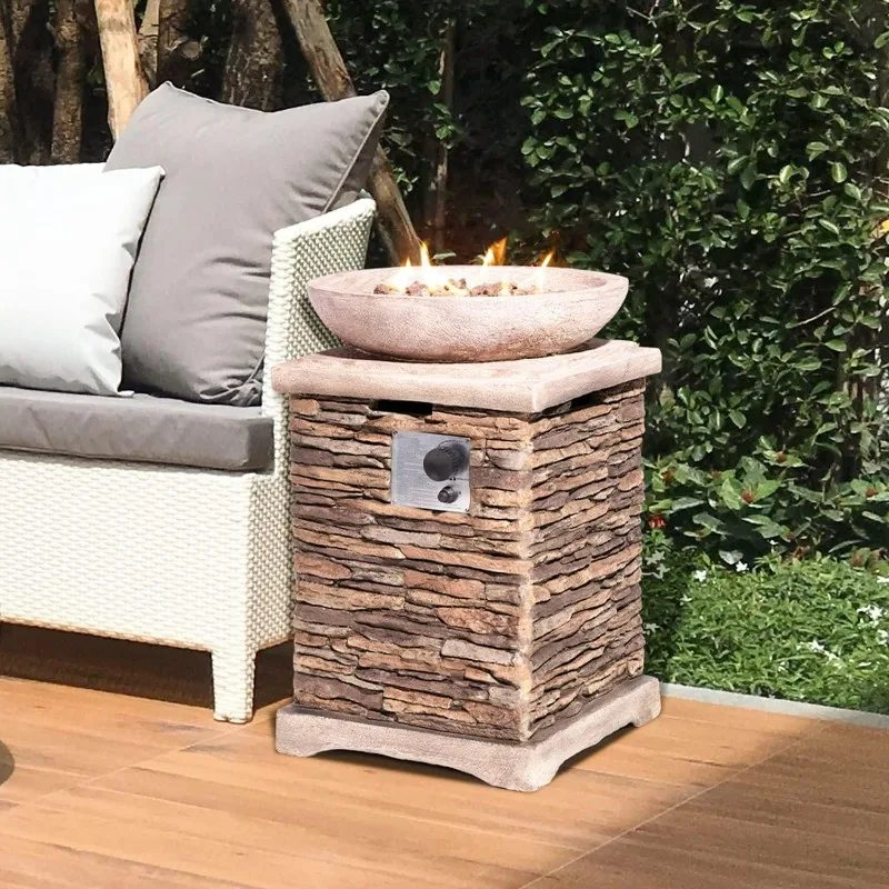 Propane Fire Pit Table, 20 inches 40,000 BTU Brown Concrete Gas Fire Table w Lava Rocks, Rain Cover, Imitation Stone Design