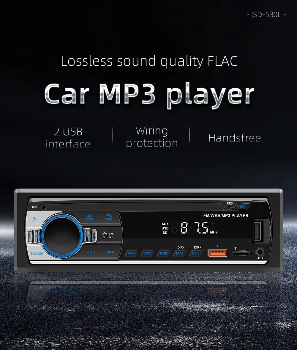Reproductor de Radio Estéreo para Auto, Reproductor Digital Bluetooth MP3 JSD-530 520 60Wx4 FM, Audio Estéreo, Música USB/SD con Entrada AUX Integrada